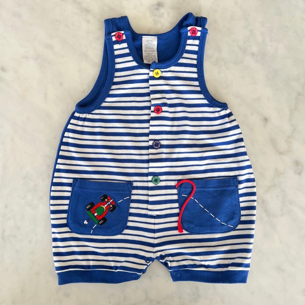 Vintage Baby Boy Striped Embroidered Race Car Romper / 9 - 12 Months